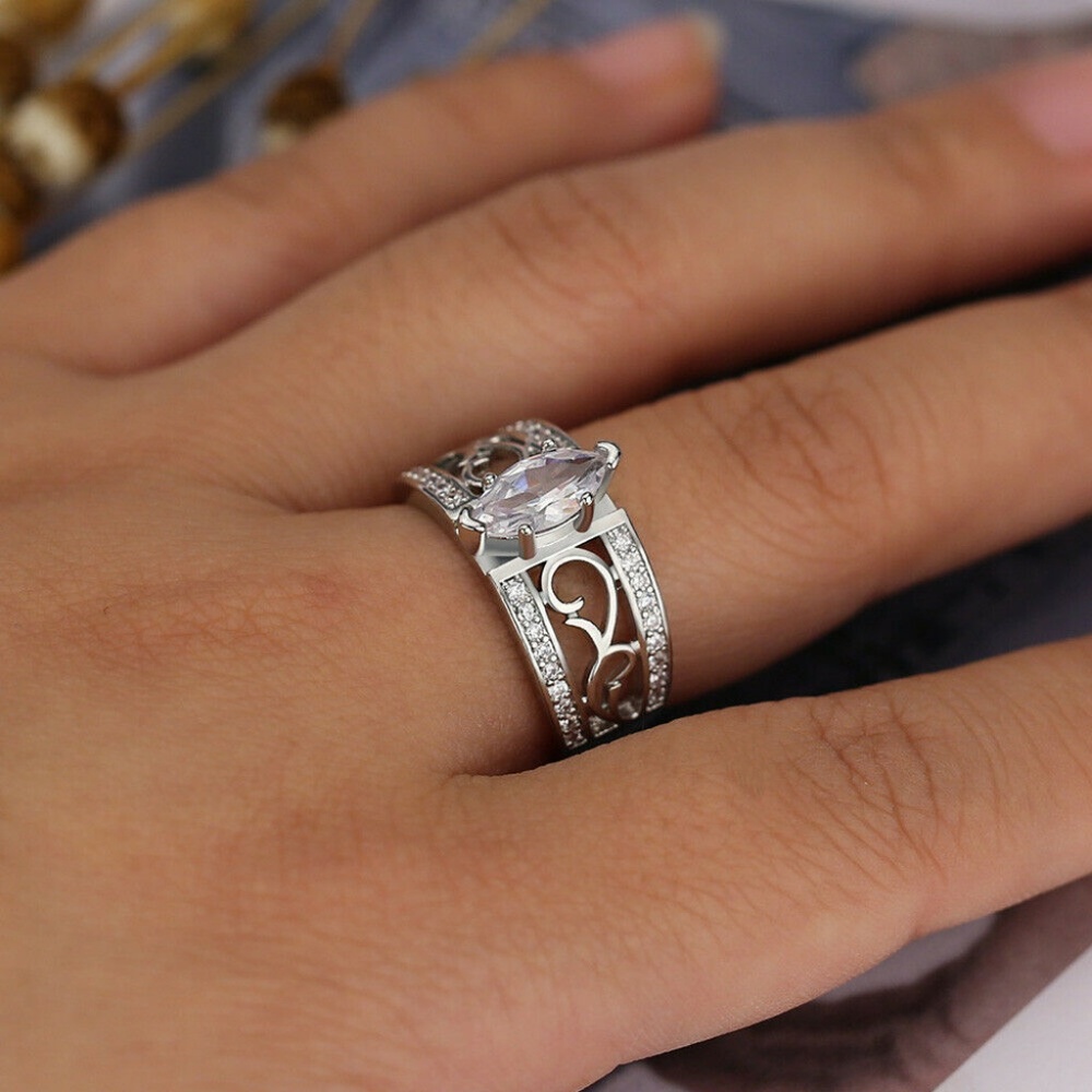 925 Silver Marquise Cut Cubic Zircon Wedding Ring - Picture 4 of 5
